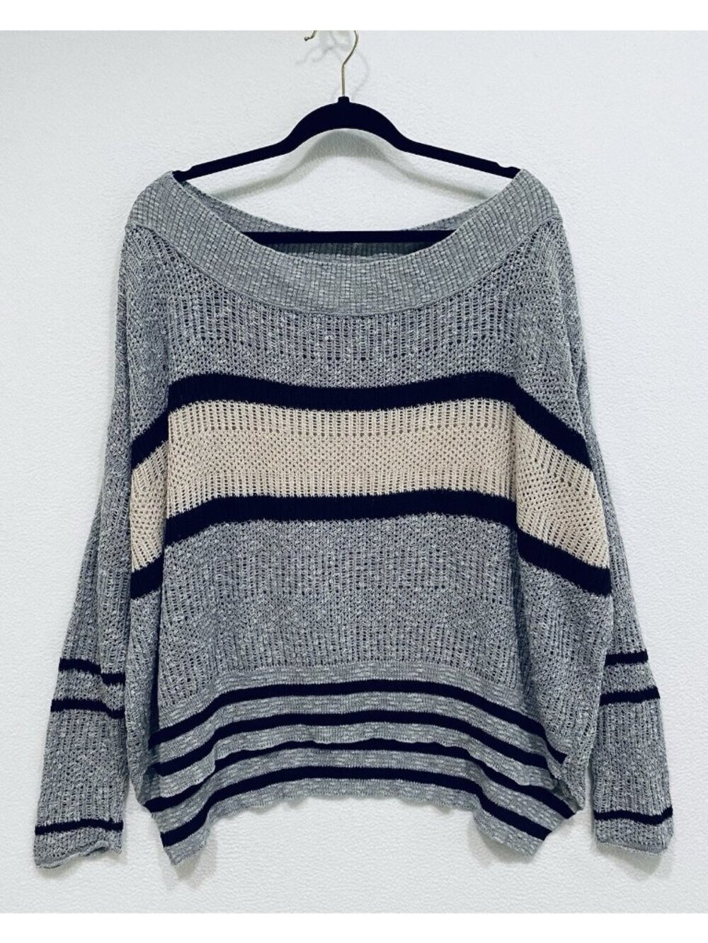 Free People Sweater Womens Large Gray Open Knit Boat Neck Oversized Beachy Boho